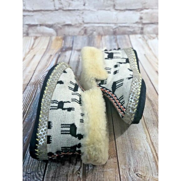 lamb fur lined woven booties sz 6‎ lama print boho suede bottom leather trim - Picture 7 of 11